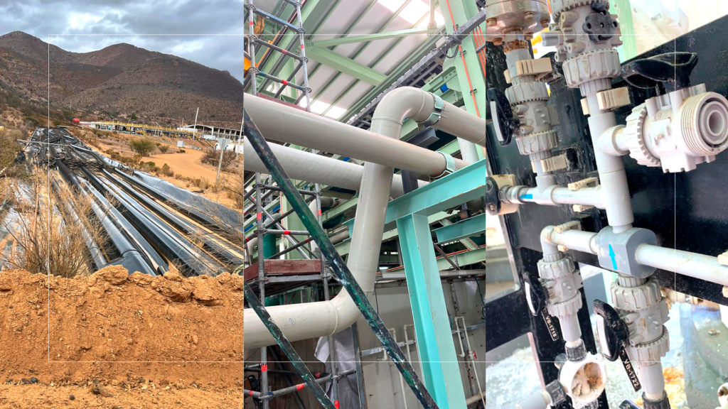 Tres tramos de tuberías industriales HDPE, PPH y PVDF